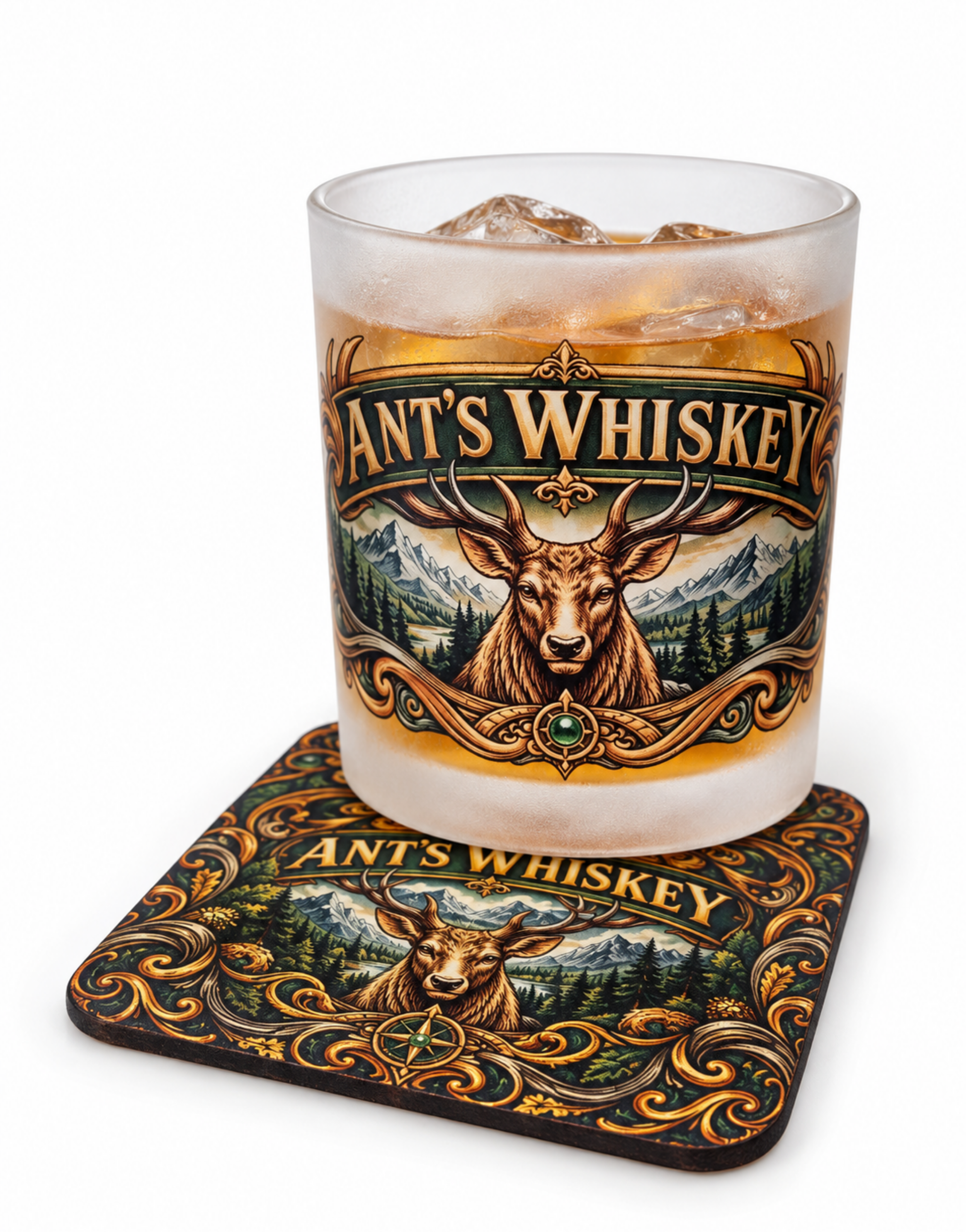 whiskey glass and coaster printed
