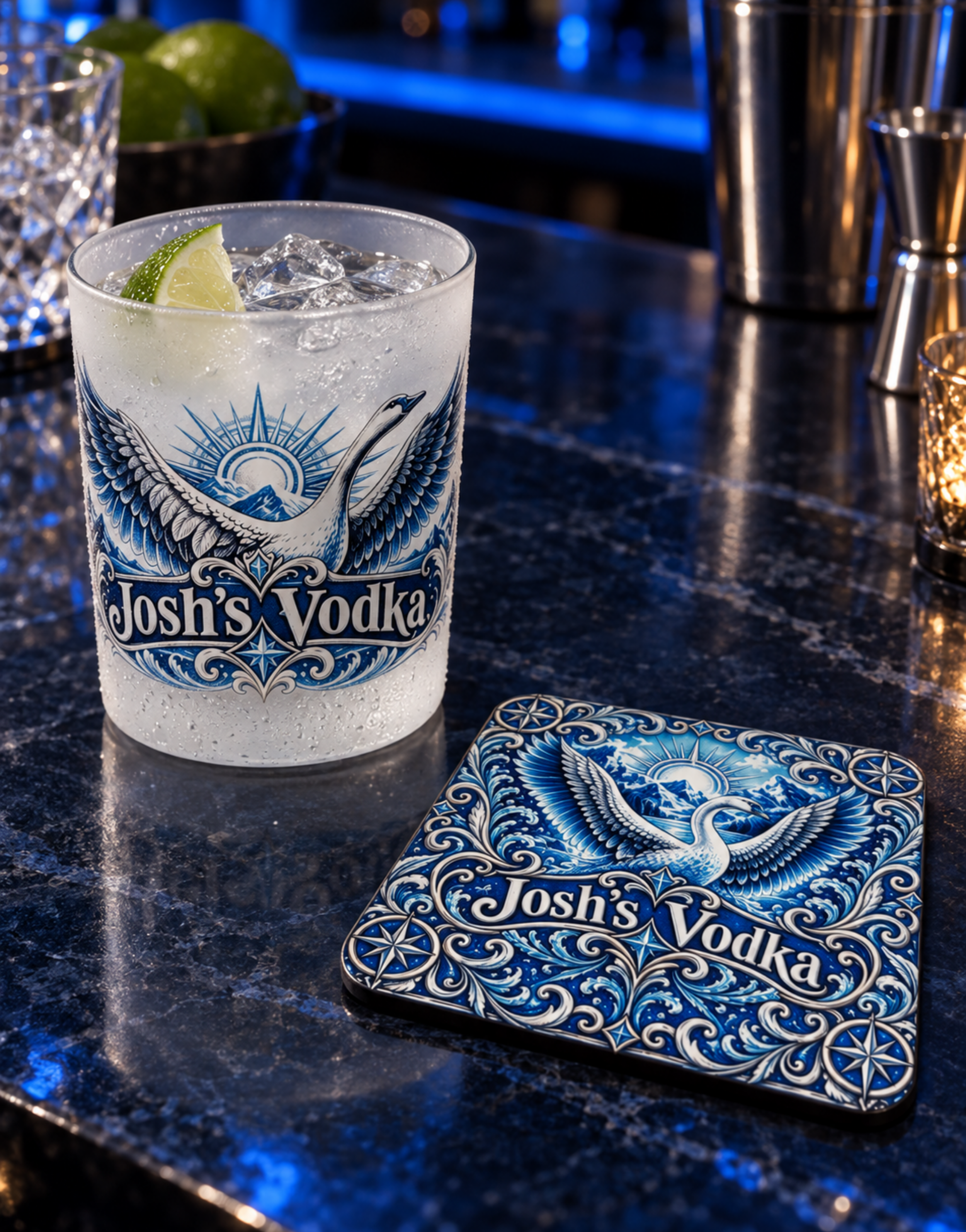 vodka shot glass and coaster