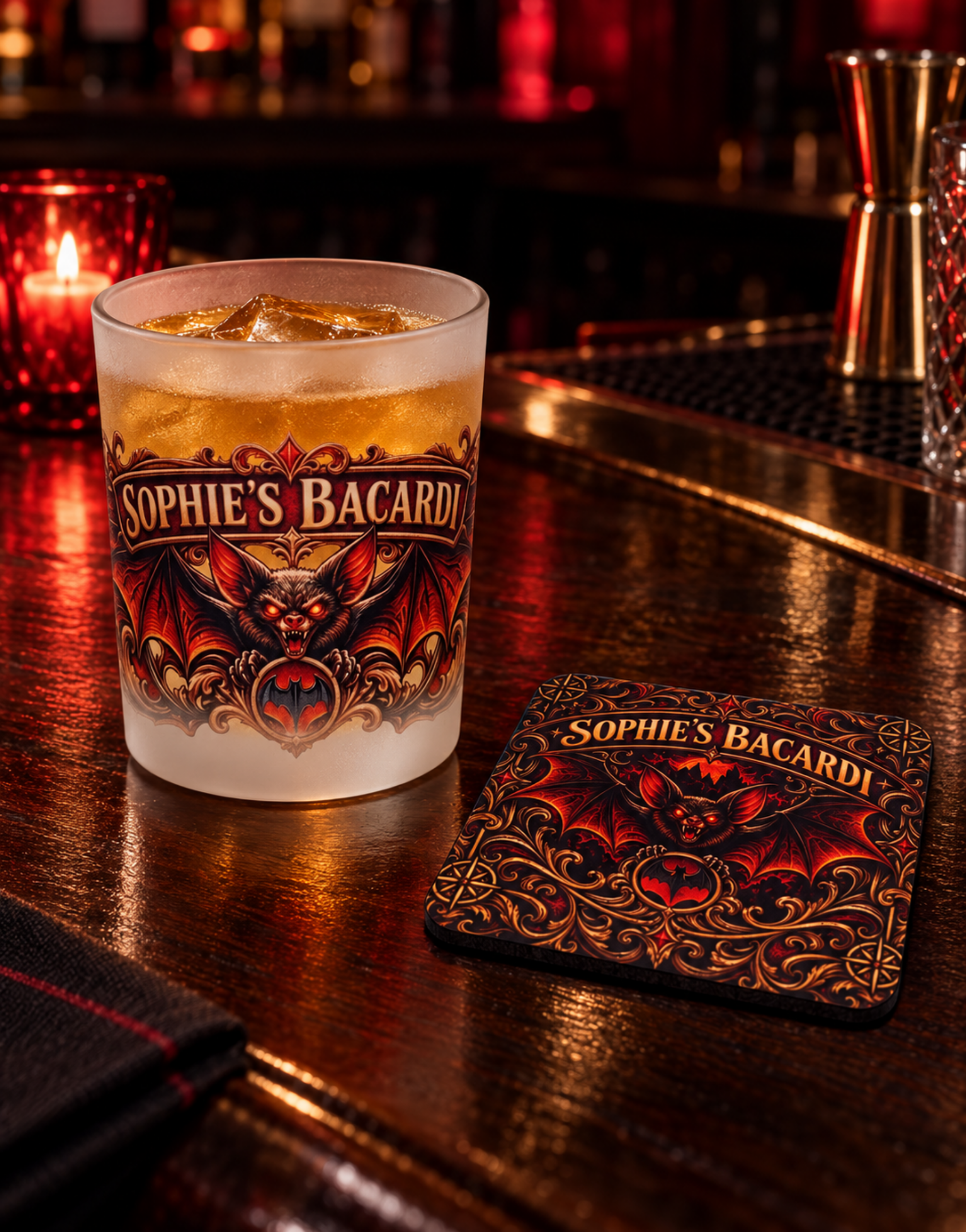 bacardi shot glasses and coaster