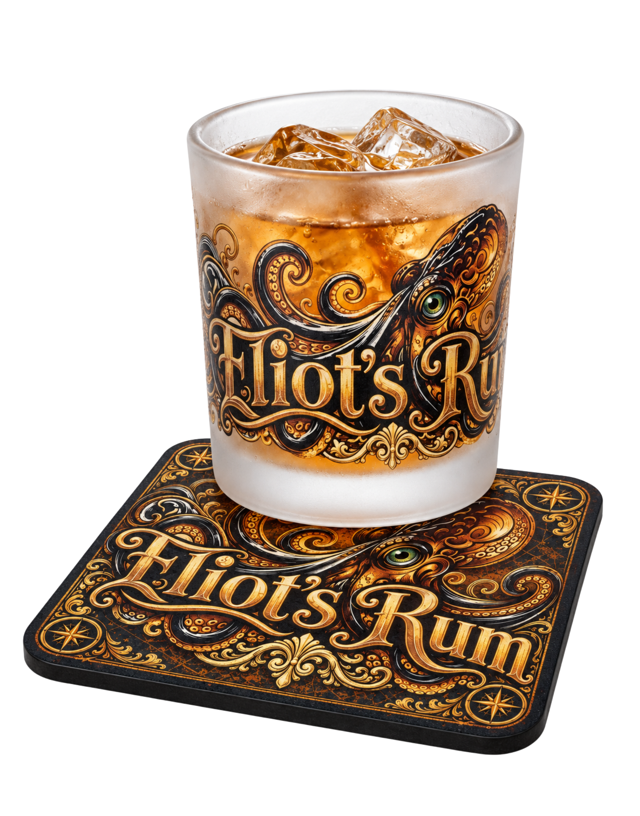Rum glass and coaster printed